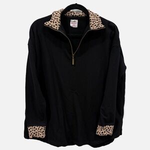 Marleylilly 1/4 Zip Black Pullover with leopard print collar and cuffs. Size S/M